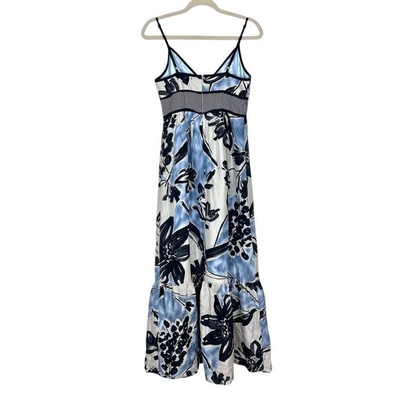BCBGMAXAZRIA Silk Maxi Dress 6 White Blue Sleeveless Floral Abstract Ruffle Long - Picture 6 of 15